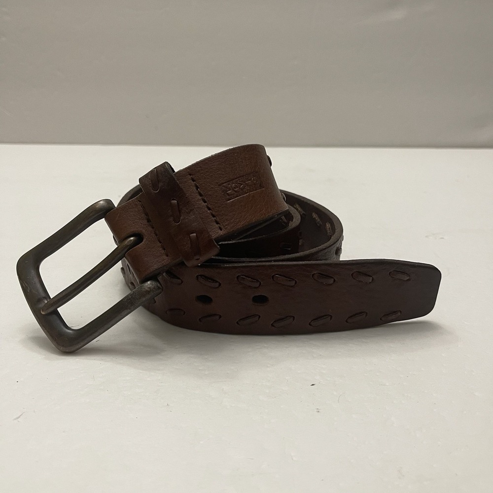 Levi's Men's Brown Leather Whipstitched Belt Size 36 Bronze Buckle‎